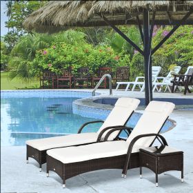 Outdoor Chaise Lounge Chair Set of 3 with Side Table (Option: Brown, Cream White-1230x530x290 mm)