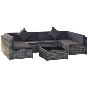7-Piece Patio Furniture Set, Outdoor Wicker Conversation Set, All Weather PE Rattan Sectional Sofa Set with Cushions and Tempered Glass Top Coff (Option: Dark Brown and Dark Grey-680x750x380 mm)