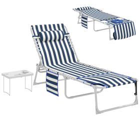 Tanning Chair with Face Hole and Side Table, 5-Position Folding Outdoor Chaise Lounge Chair, Blue and White (Option: Blue and White-780x160x650 mm)