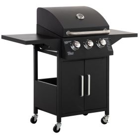 Outdoor 3 Burner Gas Grill Portable Barbecue w/ Wheels, Warming Rack, Shelves, Cabinet, Thermometer, Black (Option: Black-630x620x540 mm)
