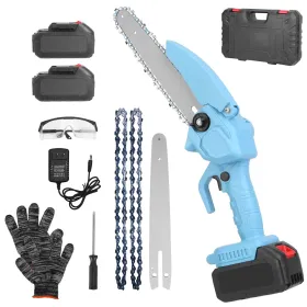 Electric Mini Chainsaw Portable Handheld Cordless Small Chain Saw Battery Powered With 2Pcs 1200mAh Rechargeable Batteries 8in Chains Gloves Gogg (Option: Blue)