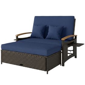 Rattan Outdoor Daybed w/4-Level Adjustable Backrest, Patio Sofa Bed w/Storage Ottoman, Acacia Wood Armrest, Navy Blue (Option: Navy Blue-1130x580x420 mm)