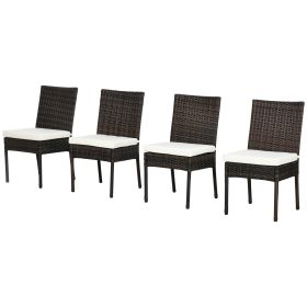 4 PE Rattan Outdoor Dining Chairs with Cushions, Patio Wicker Dining Chairs with Backrest, Brown (Option: White-930x500x420 mm)