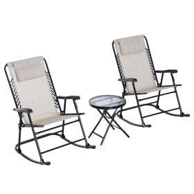 3 Piece Outdoor Rocking Chair Set, Patio Folding Lawn Rocker Set with Glass Coffee Table, Headrests for Yard, Patio, Deck, Backyard, Cream White (Option: Cream White-1160x280x690 mm)