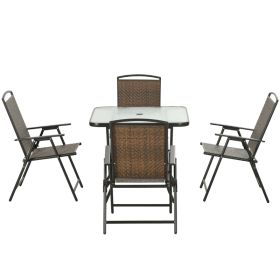 5 Pieces Patio Table and Chairs, Foldable Wicker Outdoor Dining Table Set with Umbrella Hole, Dark Brown (Option: Brown-1165x170x895 mm)