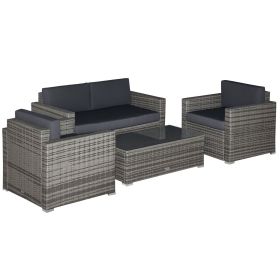4 Piece Wicker Patio Furniture Set with Cushions, Outdoor Sectional Furniture with 2 Sofa, Loveseat, and Glass Top Coffee Table, Conversation So (Option: Black-1150x700x295 mm)
