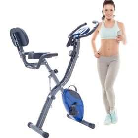Folding Exercise Bike, Fitness Upright and Recumbent X-Bike with 16-Level Adjustable Resistance, Arm Bands and Backrest (Color: Blue)