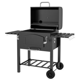 Charcoal BBQ Grill w/ Adjustable Height, Folding Shelves, Thermometer, and Wheels, Black (Option: Black-790x530x440 mm)