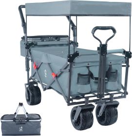 Collapsible Wagon 140L Wagons Carts Foldable With Removable Canopy, Folding Wagon Cart With Wheels For All-Terrain With Brake, Foldable Wagon Wit (Color: Gray)