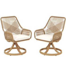 Patio Swivel Chairs Set of 2, Rattan Patio Dining Chairs with Soft Cushions for Backyard, Lawn, Porch, or Garden, Khaki (Option: Khaki-700x620x520 mm)