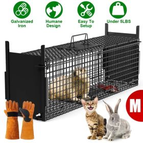 Live Animal Cage Trap For Animals Under Easy To Setup Humane Galvanized Iron Trap Cage For Raccoons Armadillos Groundhogs Muskrats Opossums Skunk (Option: MBlackWithGlove)