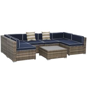 7-Piece Outdoor Wicker Patio Sofa Set, Modern Rattan Conversation Furniture Set with Cushions, Pillows and Tea Table - Blue (Option: Brown-740x370x710 mm)