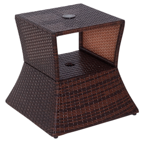 Outdoor Side Table with Umbrella Hole, 2 Tier Rattan Wicker End Table with Storage Shelf, All Weather for Outdoor, Patio, Garden, Backyard, Mixe (Option: Brown-570x330x570 mm)