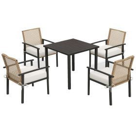 5 Pieces Outdoor Dining Set for 4, Wicker Rattan Patio Furniture Set, Patio Table and Chairs Set with Cushions, Square Metal Table Top, Conversa (Option: Beige-1100x630x260 mm)