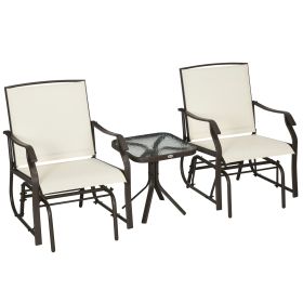 3 Piece Outdoor Glider Chair with Coffee Table Bistro Set, 2 Patio Rocking Swing Chairs with Breathable Sling Fabric, Glass Tabletop, for Backya (Option: Cream White-1170x645x215 mm)