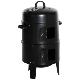 3-in-1 Vertical Charcoal BBQ Smoker Grill with 2 Cooking Areas and Thermometer (Option: Black-470x470x295 mm)