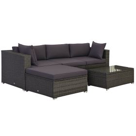 5-Piece Outdoor Sectional Furniture, Patio Sofa Set, PE Wicker Couch, Cushions, Pillows, Ottoman, Table, Charcoal (Option: gray-820x700x395 mm)