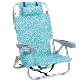 1 PCS Aluminum Beach Chair, 8.5 Inch Seat Height Teal Tribal Pattern, Adjustable Folding Chair With Headrest, Shoulder Strap, 2-in-1 Cup Holder S (Option: defaulttitle)