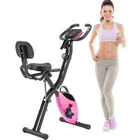 Folding Exercise Bike, Fitness Upright and Recumbent X-Bike with 16-Level Adjustable Resistance, Arm Bands and Backrest (Color: Pink)