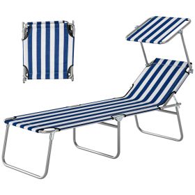 Outdoor Pool Chaise Lounge Chair, Folding Tanning Chair with Sun Shade, Blue and White (Option: Blue and White-720x110x600 mm)