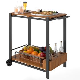 Acacia Wood Outdoor Bar Cart with Wheels, Rolling 2-Tier Coffee & Drink Cart with 3 Bottle Holders, Teak (Option: Teak-860x500x280 mm)