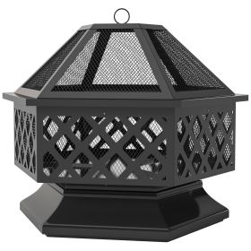 28" Outdoor Fire Pit with Grill Hexagon Fireplace Wood Burning Firepit with Cooking Grate, Fire Poker, Spark Screen Lid (Option: Black-660x760x280 mm)