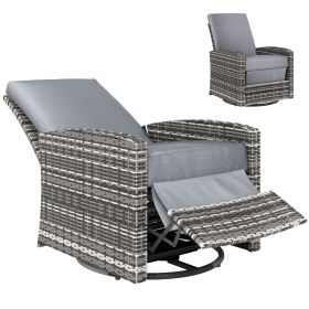 Outdoor Wicker Swivel Recliner Chair, Reclining Backrest, Lifting Footrest, 360° Rotating Basic, Water Resistant Cushions for Patio, Gray (Option: grey-760x740x640 mm)
