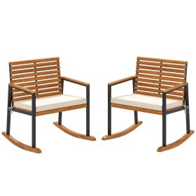Acacia Wood Outdoor Lawn Rocking Chair Set of 2, Outdoor Patio Rocking Chairs with Armrests, Cushion, Cream White (Option: Cream White-840x650x490 mm)